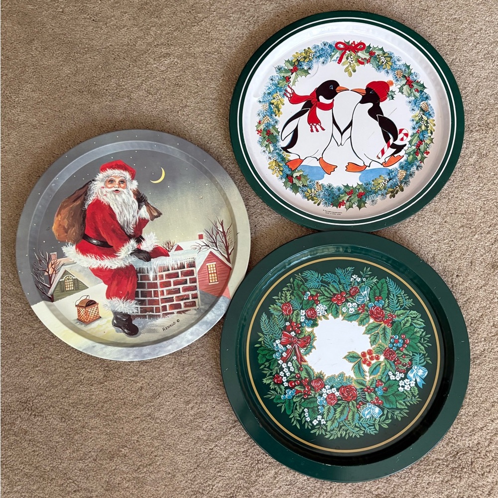 Set of 3 vintage metal holiday trays